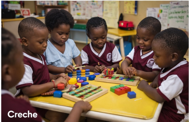 Caregiver supporting creche children during activities